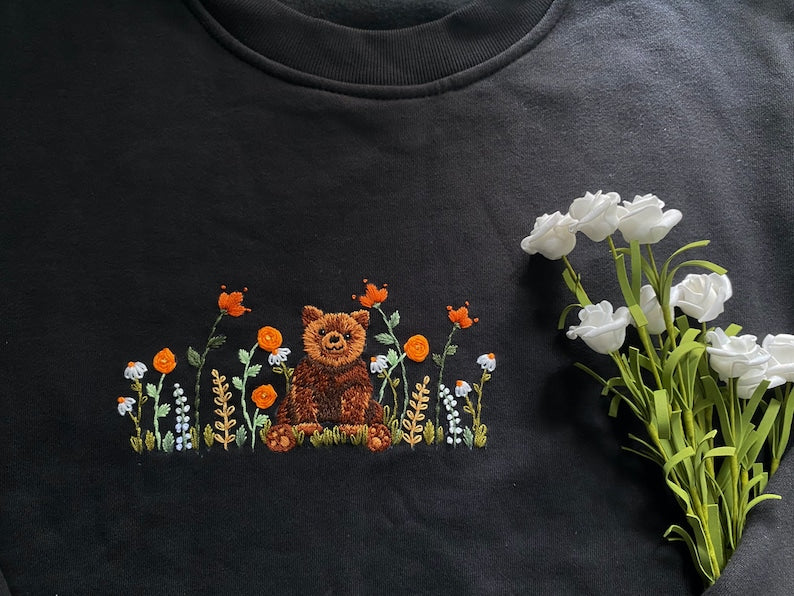 Bear And Flower Garden Embroidered Sweatshirt 2D Crewneck Sweatshirt All Over Print Sweatshirt For Women Sweatshirt For Men Sws3185