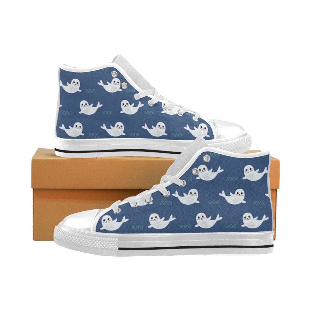 Cute white baby sea lion seal pattern Men’s High Top Shoes White