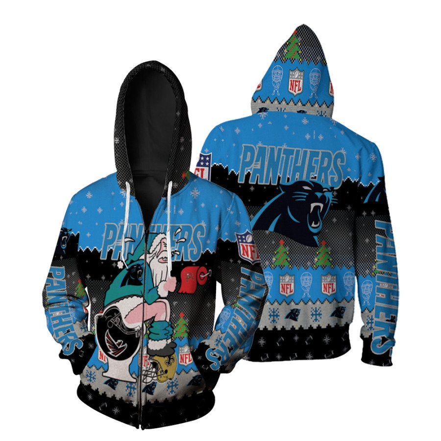 Santa Claus Carolina Panthers Sitting On Buccaneers Falcons Saints Toilet Christmas Gift For Panthers Fans Zip Hoodie