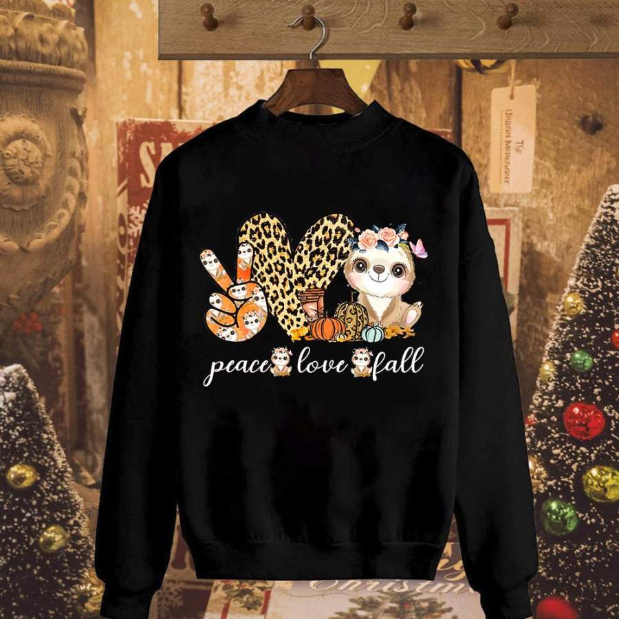 Cute sloth peace love fall pumpkin leopard autumn season coming pink butterfly black sweatshirt for men and women S-5XL