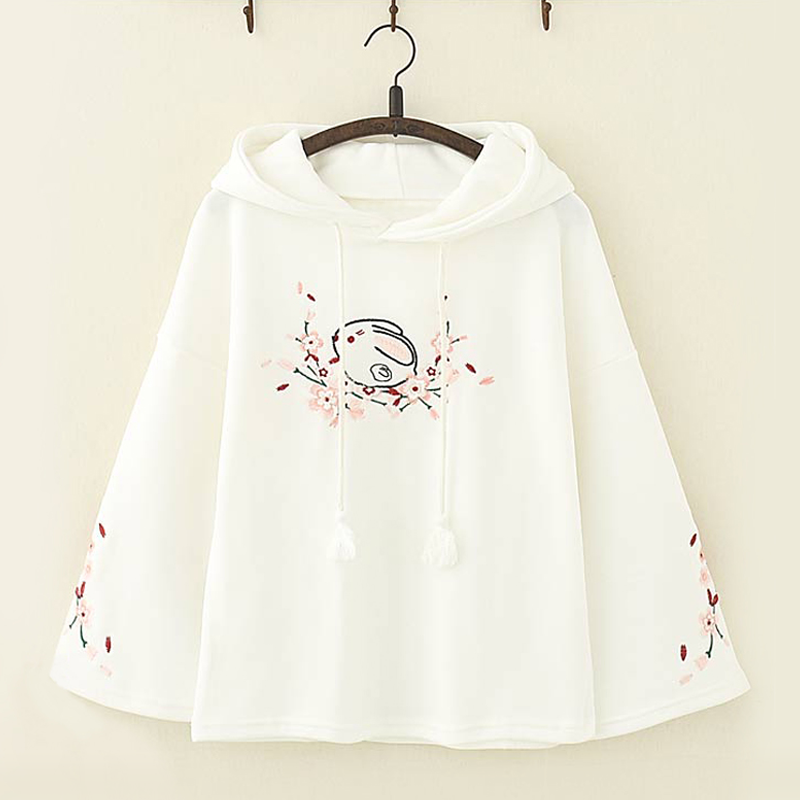 Cute Rabbit Floral Embroidery Hoodie