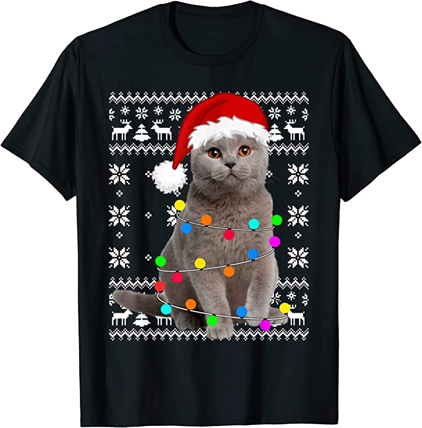 Cat Lights Ugly Kitten Santa Hat Christmas Pajama T-Shirt