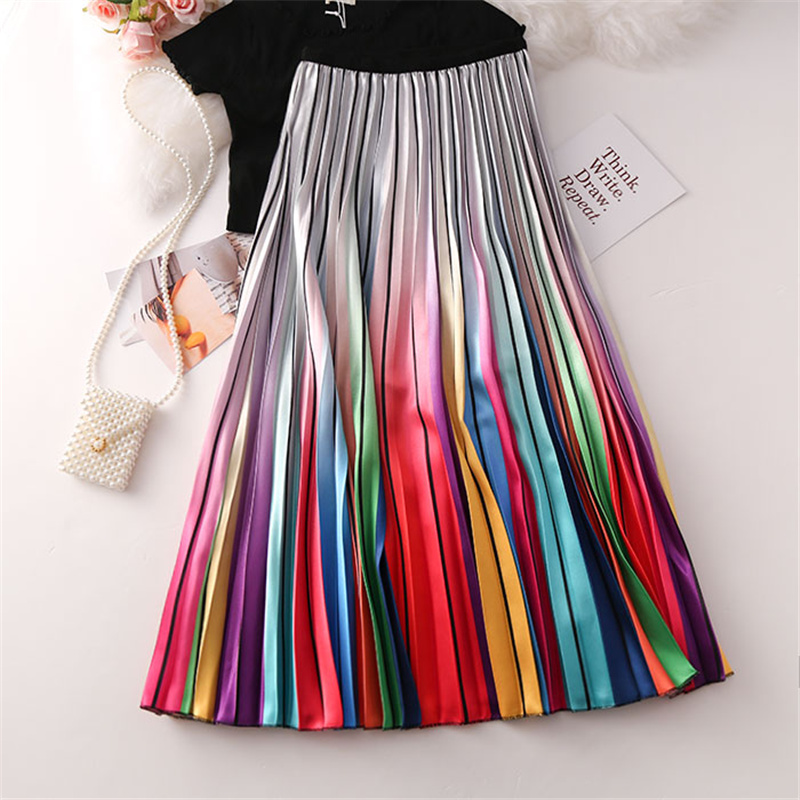 Zeolore New Printed Rainbow Pleated Skirt Spring Autumn A-Line Midi Skirt Sticthing Color Lining High Waist Skirts QT560 alx