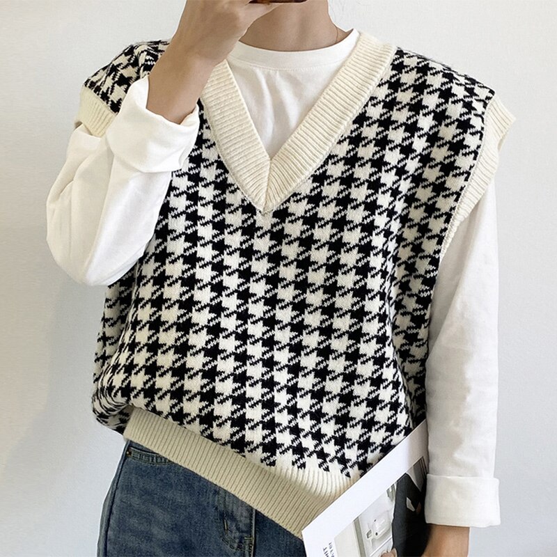 Autumn Winter V-neck Vintage Houndstooth Jacquard Loose Casual Sweater Vest Women Sleeveless Fashion All-match Pullover Tank Top alx