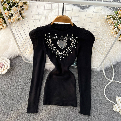 Chic Hollow Beaded Knit Pullover Sexy Slim Sweater Long Sleeve Vintage Korean Fashion Crop Top Autumn Elegant Women Clothes Y2k alx