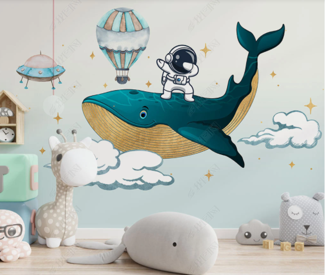 3D Cartoon Animal Whale Space Astronaut Spaceship Hot Air Balloon Star Wall Mural Wallpaper Lll 2725