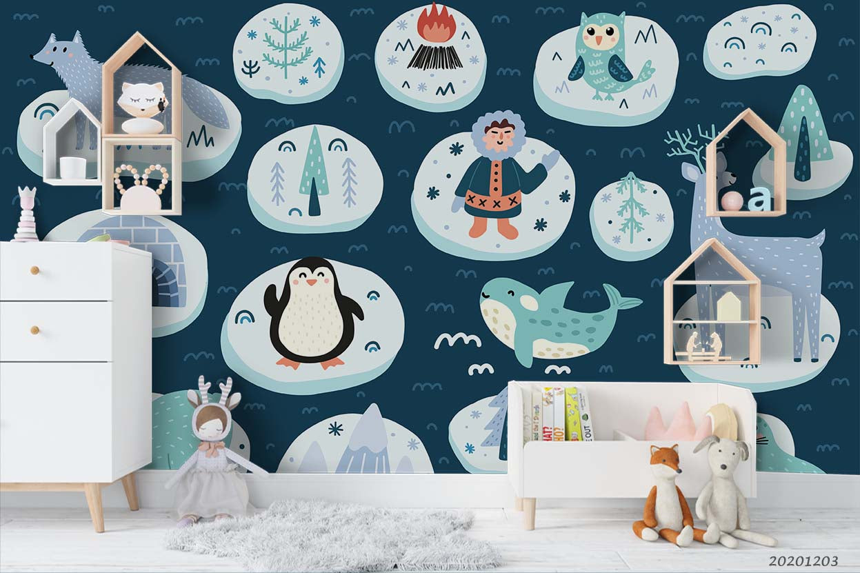 3D Cartoon Penguin Owl Whale Animal Eskimos Pattern Wall Mural Wallpaper Lxl