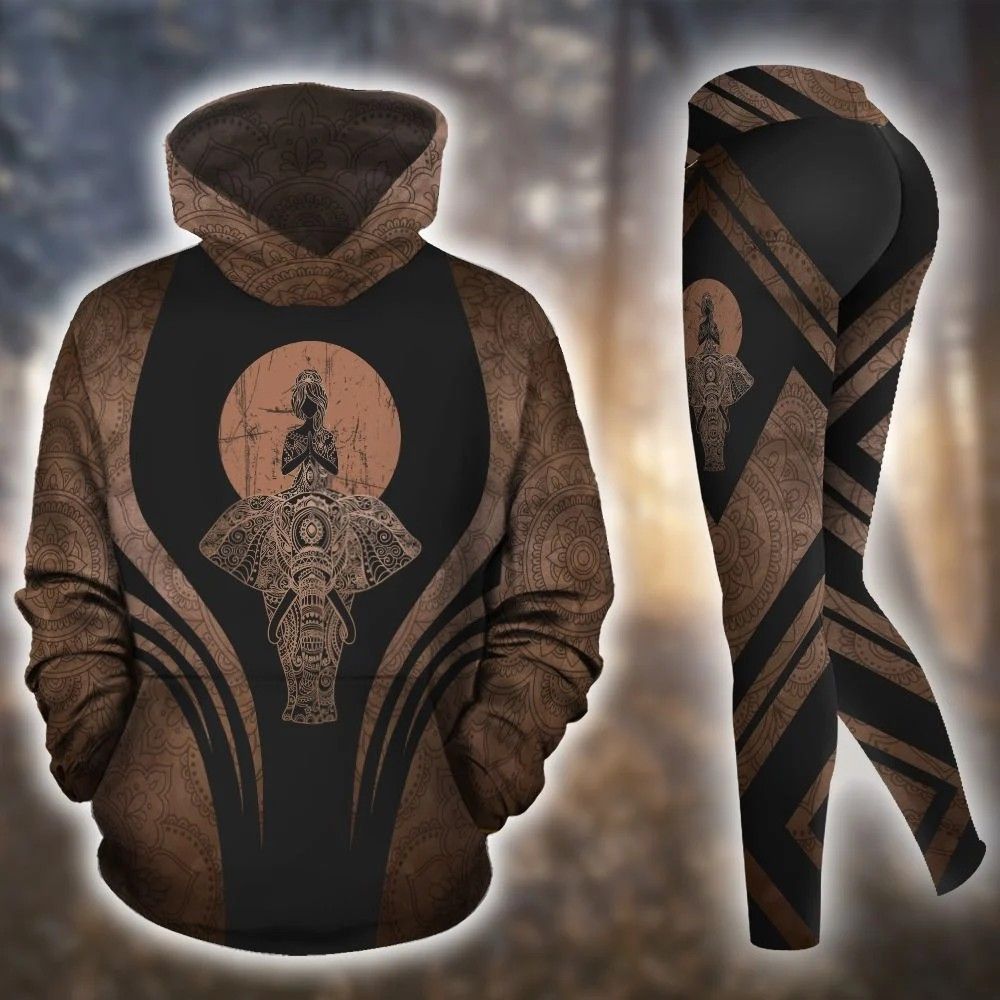 Elephant Yoga Mandala Black And Brown Unique 3D Printed Sublimation Leggings Hoodie Set Hooded Sweatshirt Comfy Yoga Pants Tummy Control CTC140179