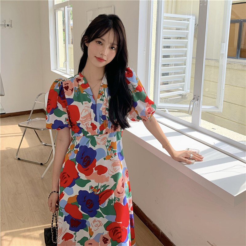 2021 New Women Summer Elegant Vintage Long Flower Dress V Neck Elastic High Waist Midi A-line Sundress alx