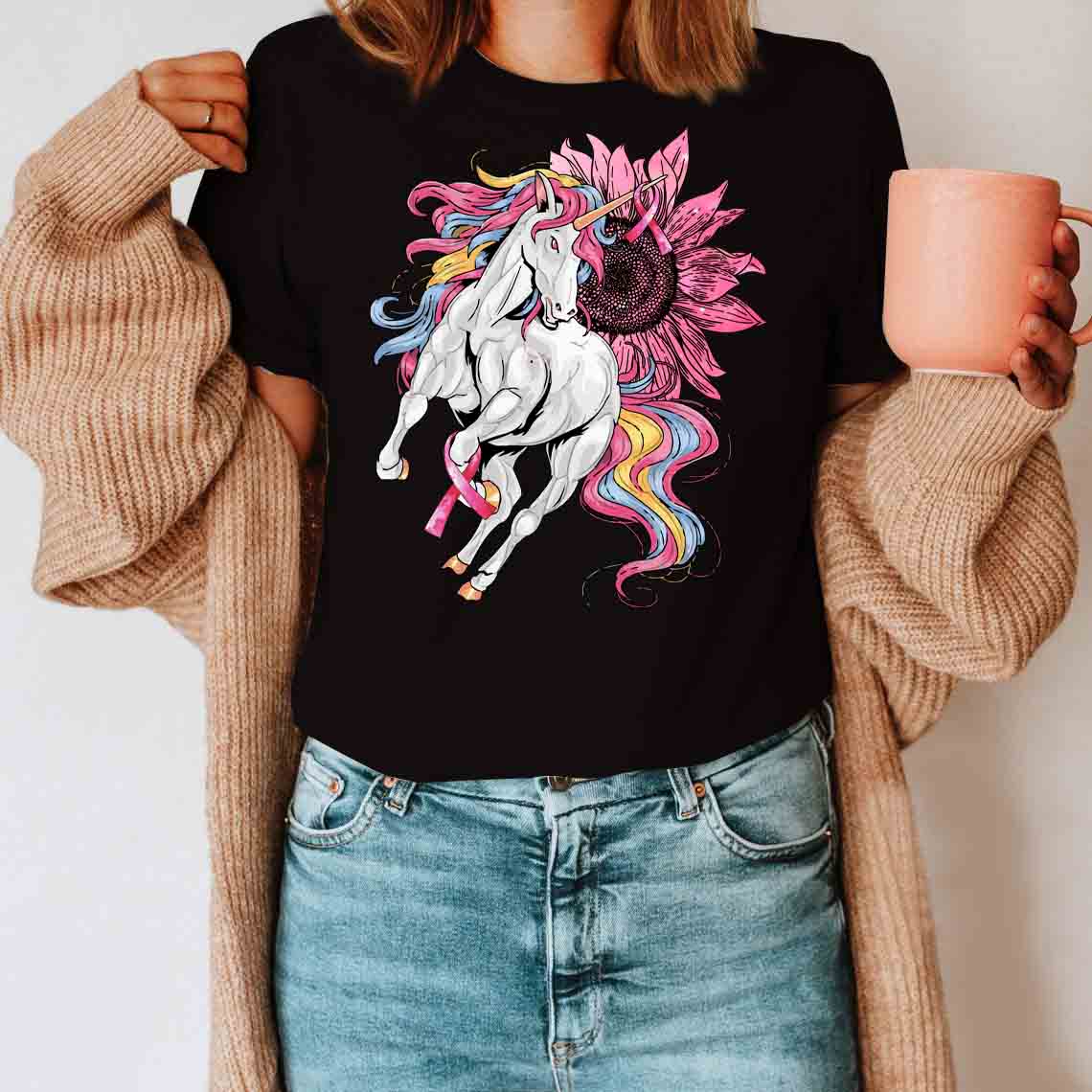 Charming Rainbow Unicorn Shirt – Breast Cancer Awareness T-Shirt Gifts For Mom Daughter Friends Hoodies Sweater Pink