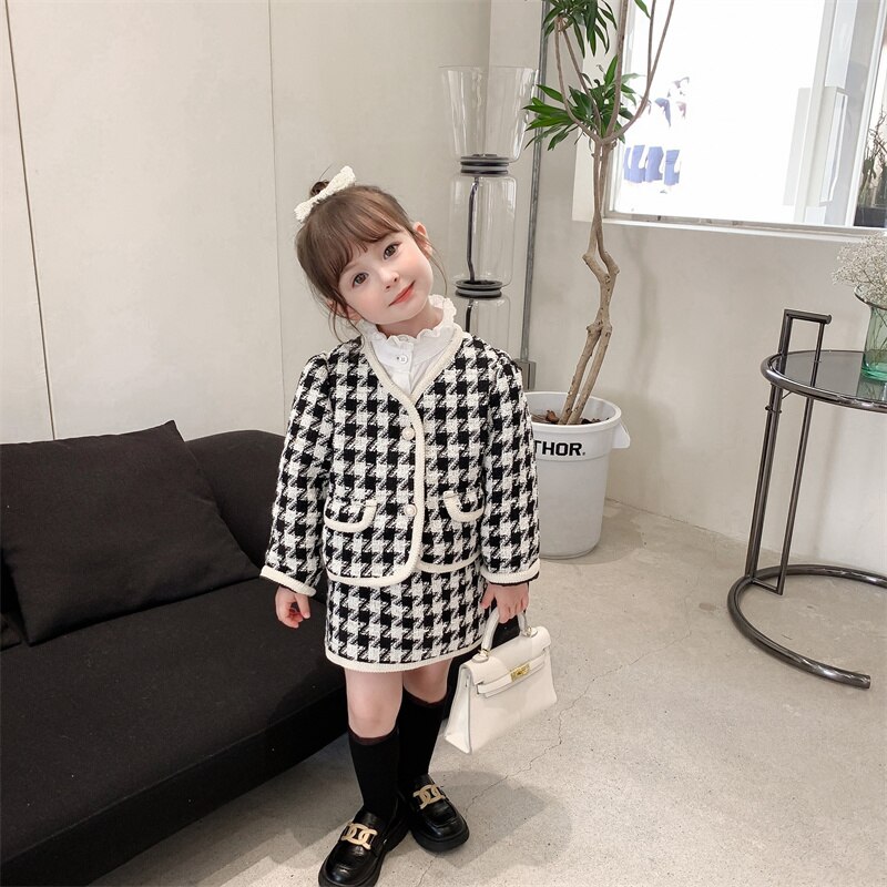 Baby Girls Clothing Sets 2Pcs Elegant Tweed Suits Autumn Winter Preppy Sweater Skirt Boutique Outfits for Kids 1-7T Party alx