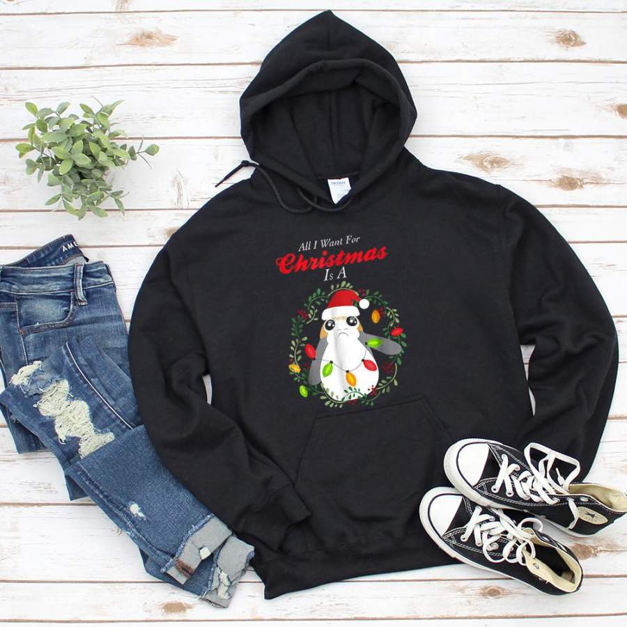 Cute penguins all i want for christmas is penguins christmas wreath xmas light best gift black hoodie for men and women S-5XL