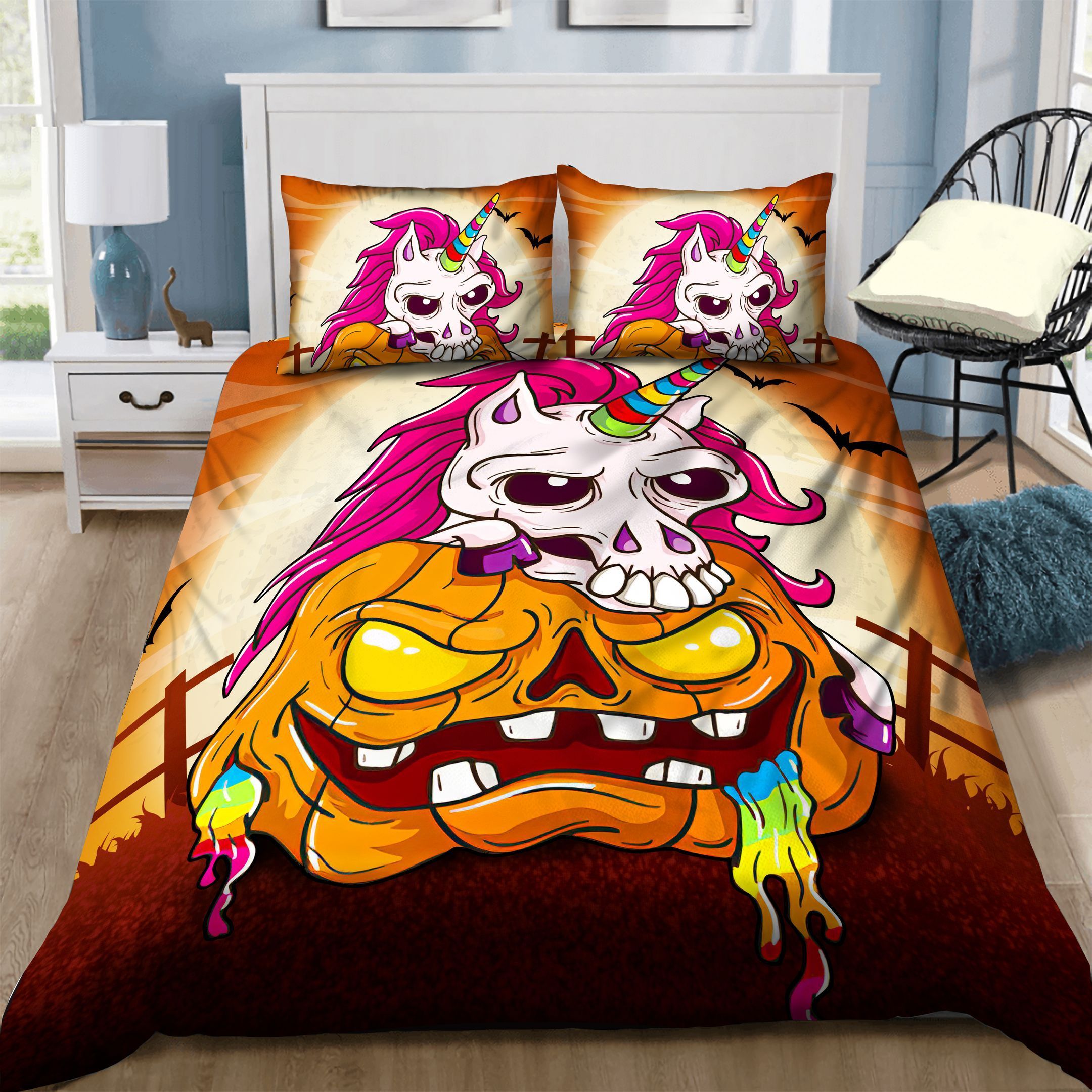 3D Horror Unicorn Pumpkin Halloween Cotton Bed Sheets Spread Comforter Duvet Cover Bedding Sets