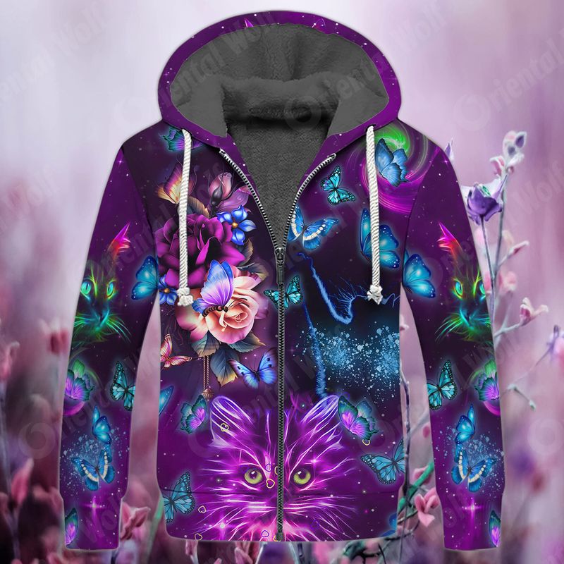 Purple Butterfly Kitten Fairies Starry 3D Full Print Fleece Zipper