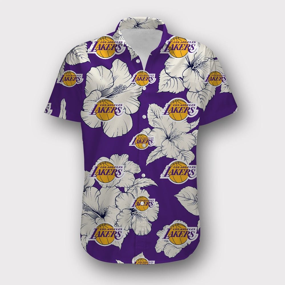 Nba Los Angeles Lakers White Tropical Flowers Purple Trendy Hawaiian Shirt Aloha Shirt