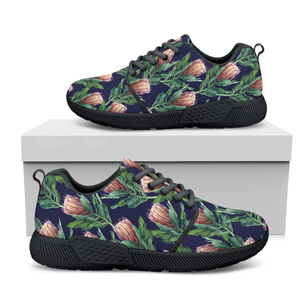 Watercolor Protea Pattern Print Black Athletic Shoes