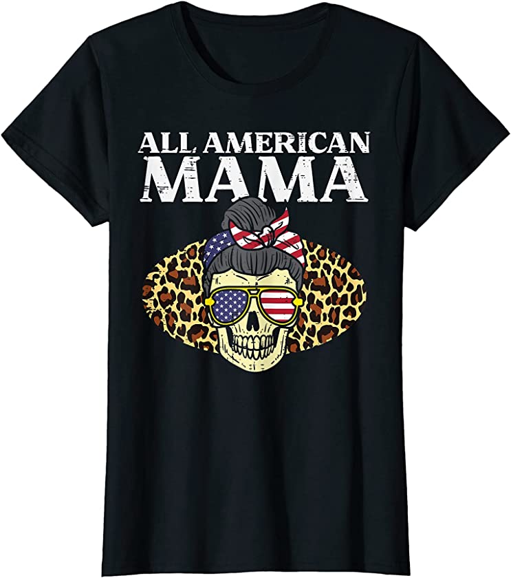 Womens All American Mama Skull US Flag Leopard 4th Of July Women T-Shirt