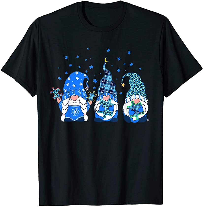 Three Gnomes Holding Puzzle Leopard Plaid Autism Awareness T-Shirt