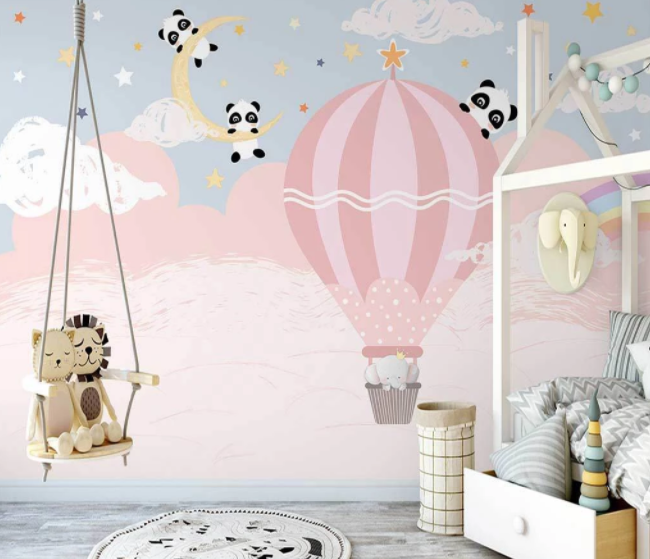 3D Cartoon Pink Cloud Hot Air Balloon Panda Animal Wall Mural Wallpaper Lxl