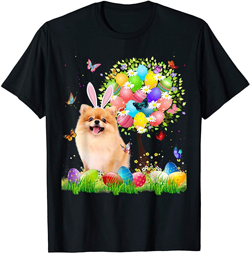 Cute Bunny Pomeranian Easter Eggs Tree Easter Easter Day T-Shirt