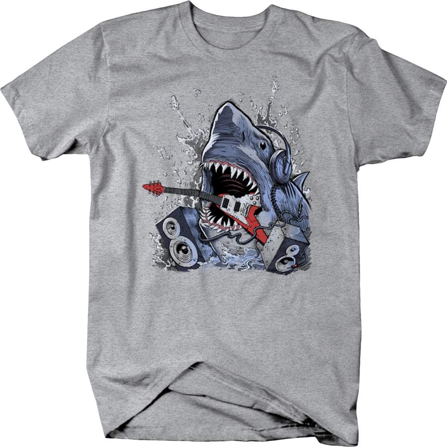 Shark with Headphones Red and White Guitar in Mouth Speaker Blaring Shirt