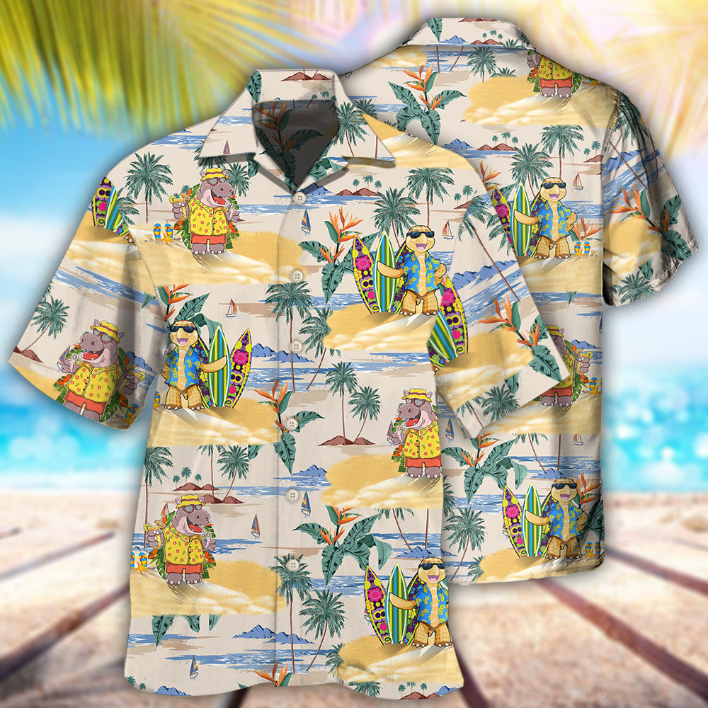 Cartoon Hippo And Turtle Tropical Style Hawaii Shirt Ha1213