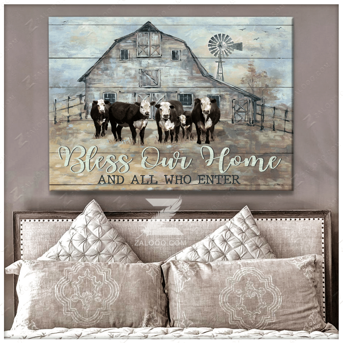 Black Hereford Cows Canvas Bless Our Home And All Who Enter Wall Art Gift For Family, Wall Art Decor, Canvas Print, Home Decor