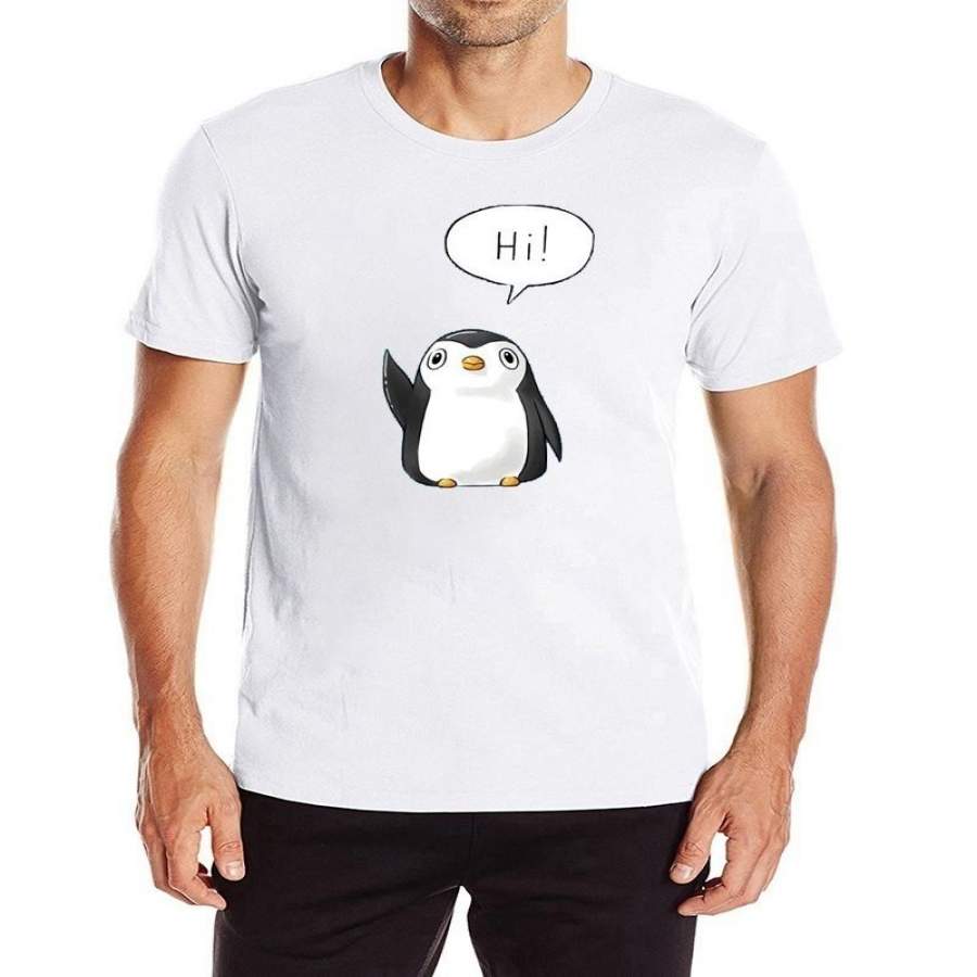 Cute Little Penguin Greeting T Shirt Men’S Cotton Short-Sleeved Fashion Print Personality Cool