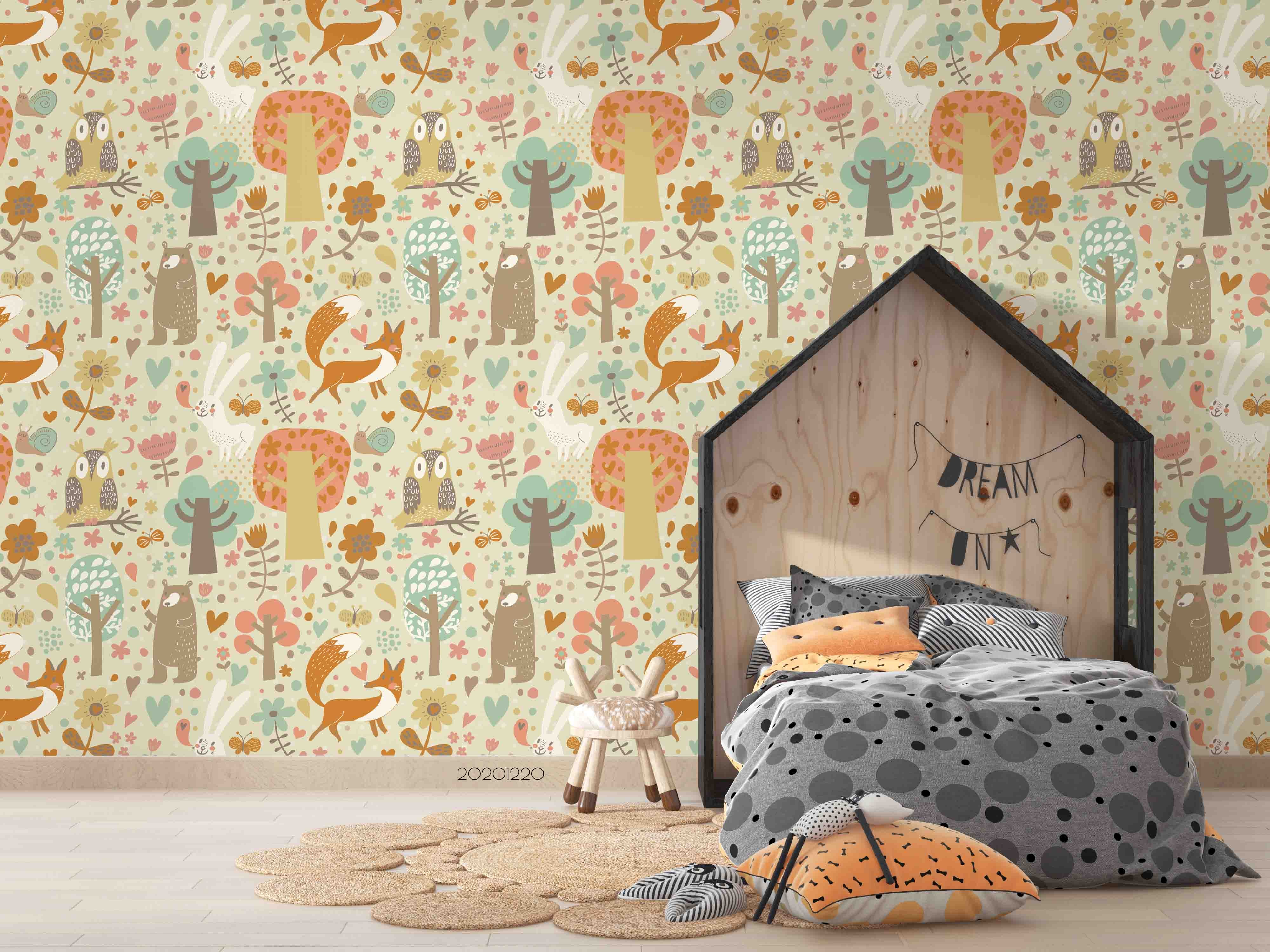 3D Hand Drawn Forest Animal Fox Bear Wall Mural Wallpaper Lqh 102