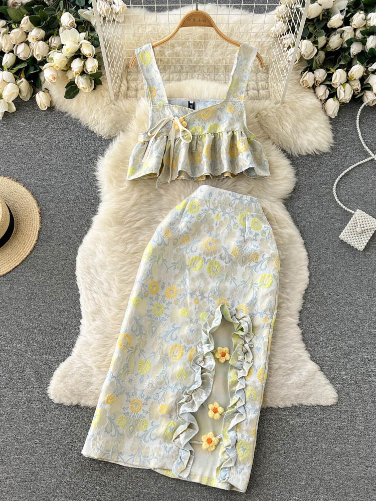 Yellow Jacquard Flower Skirts Suit Womens Summer Floral Embroidered Ruffle Tank Top + High Waist Split Midi Skirt Two Piece Set alx