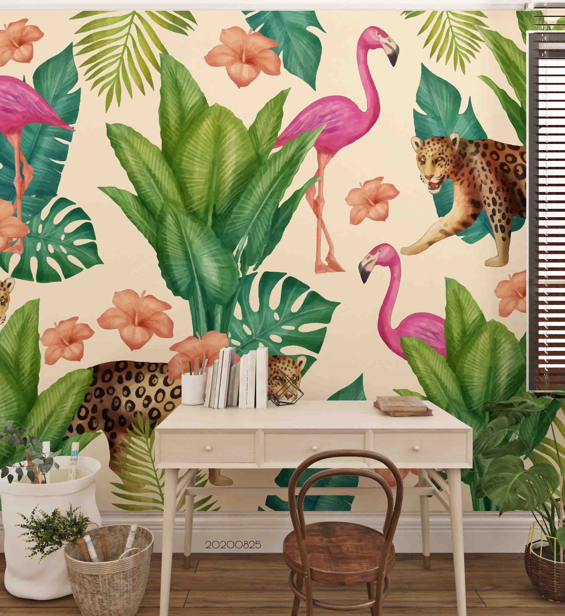 3D Tropical Green Plant Animal Flamingo Leopard Wall Mural Wallpaper Lqh 102