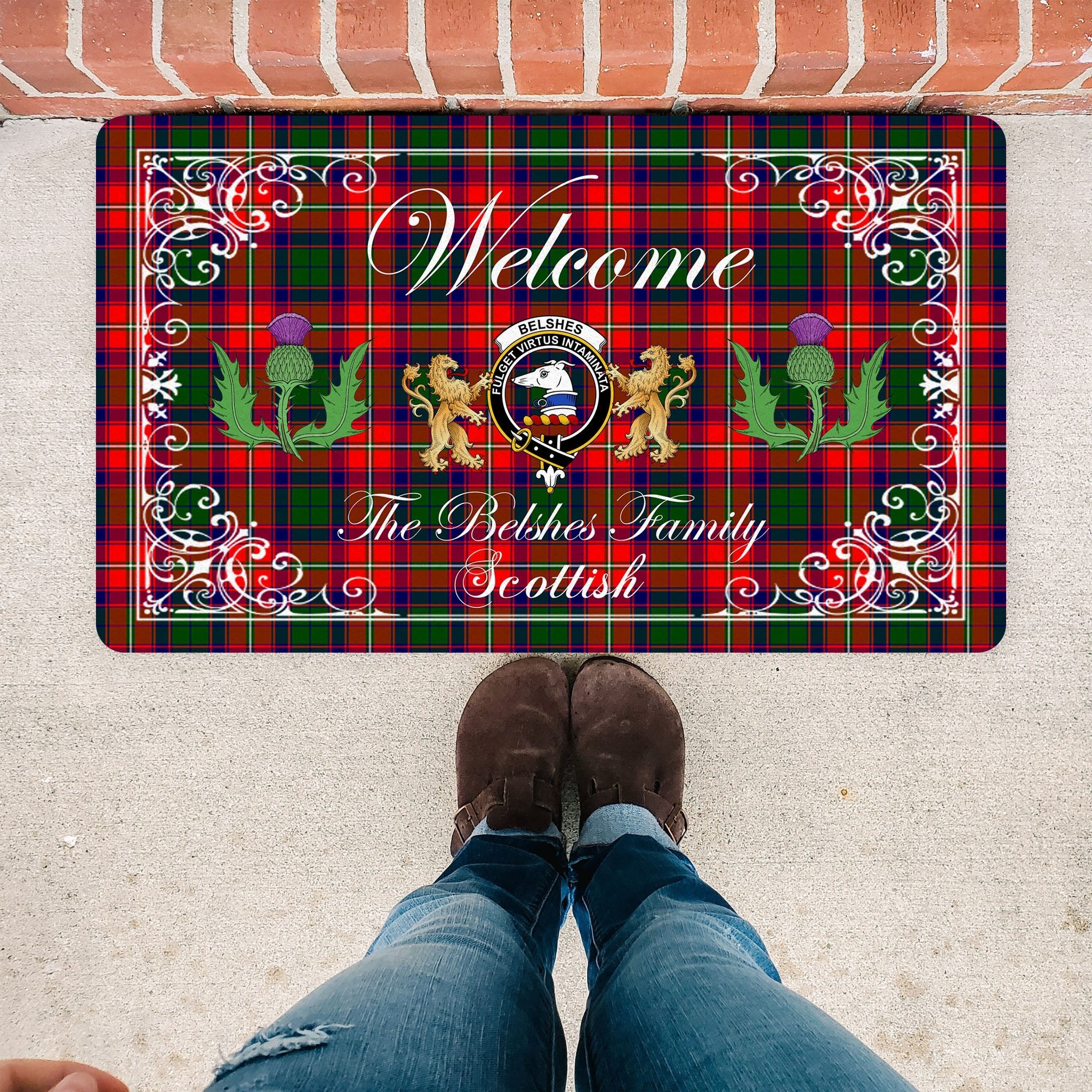 Scotstee Shop Tartan Door Mats Clan Belshes Badge Tartan Thistle And Two Lion Scottish Plaid Doormat, Christmas Door Mat Gift