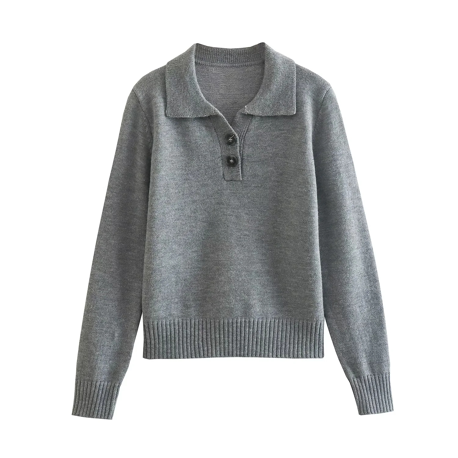 Woman Gray Knit Polo Shirt Sweater 2022 Collared Buttoned Classic Retro Minimalist Pullover Basic Korean Fashion Lapel Casual alx