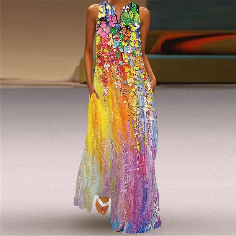 Women’S V-Neck Oil Painting Flower Print Maxi Dress