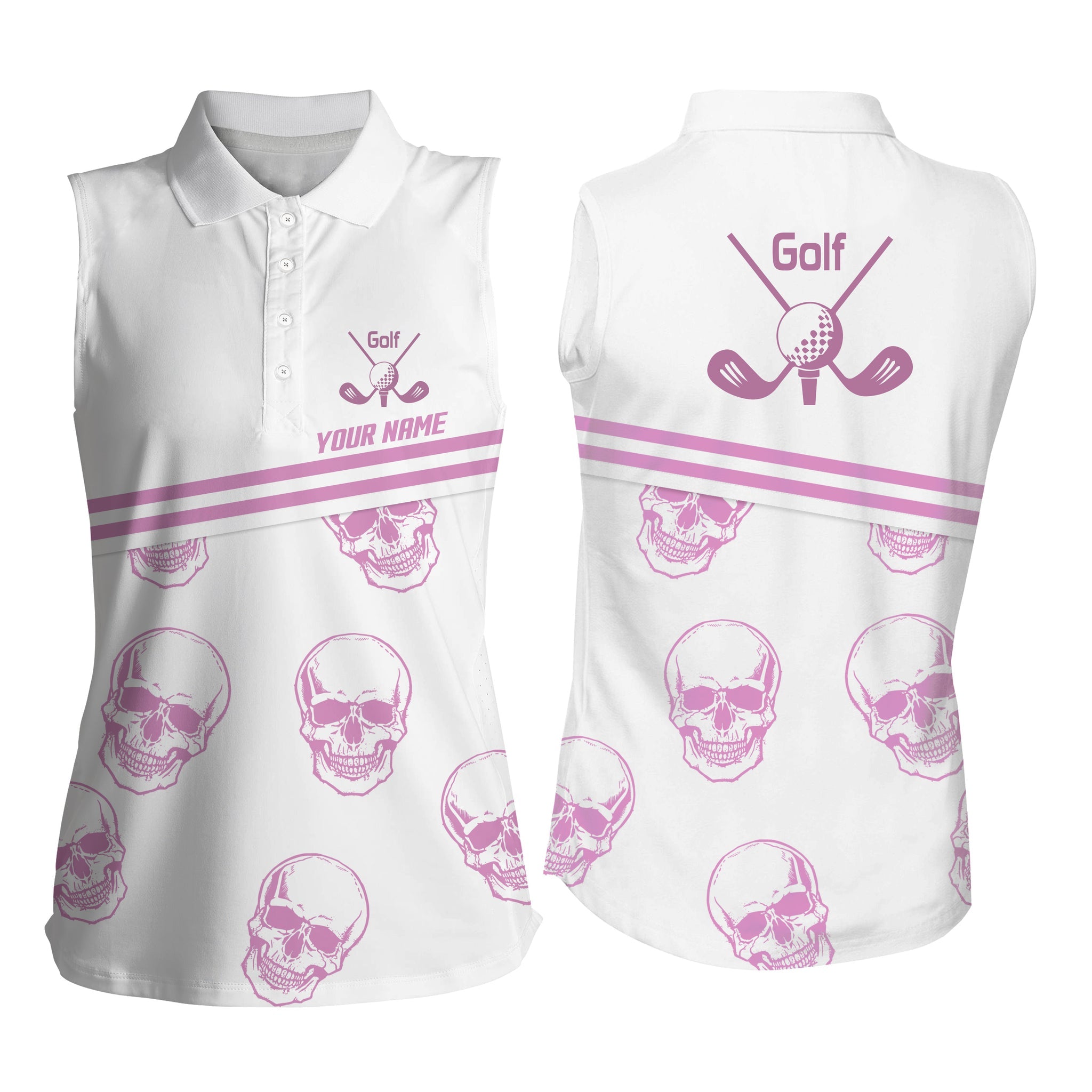 Womens Sleeveless Golf Polo Shirt Custom Name Pink Golf Skull White Golf Shirt For Women, Golfing Gift