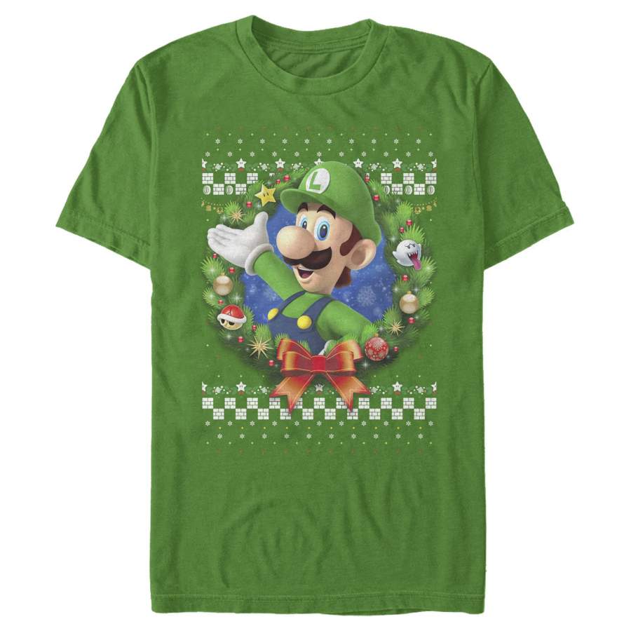 Nintendo Men’s Christmas Luigi Wreath  T Shirt