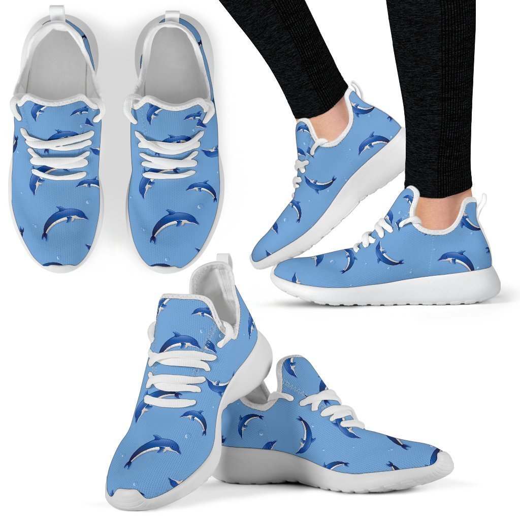 Dolphin Blue Print Mesh Knit Sneakers, Personalized Shoes Custom Name, Text For Women, Men