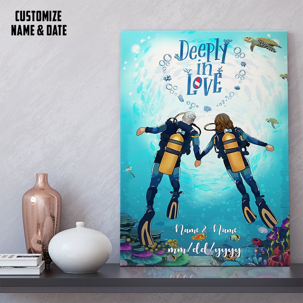 3D Scuba Diving Couple Deeply In Love Custom Name Text Canvas