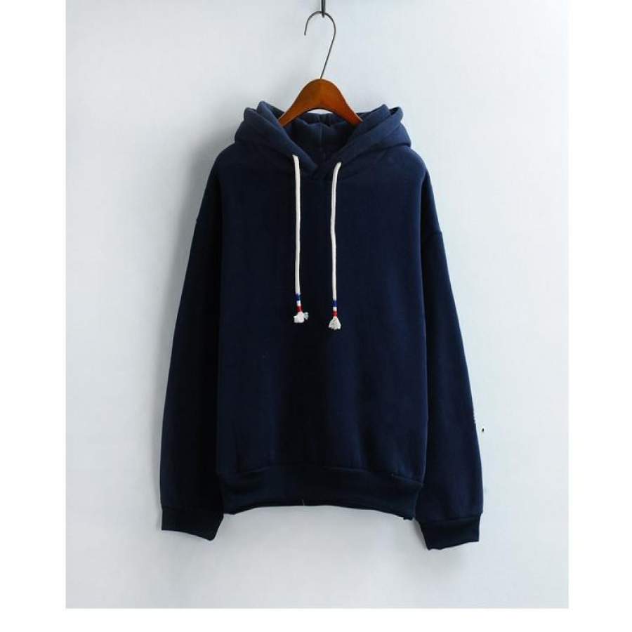 Womens Hooded Sweatshirt New Candy Color Navy Blue Long Sleeved Thick Casual All-match Solid Leisure Hoodie Loose Top