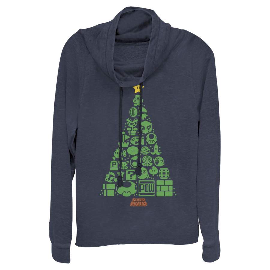 Nintendo Junior’s Christmas Tree Mosaic  Cowl Neck Sweatshirt