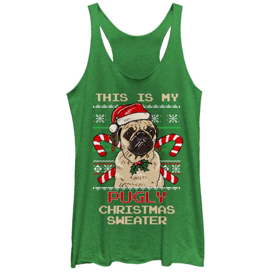 Lost Gods Women’s Ugly Christmas Pug & Candy Canes  Racerback Tank