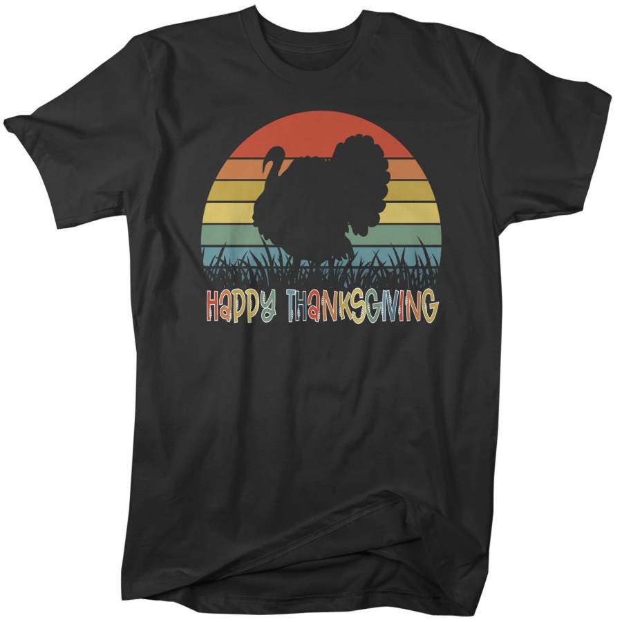 Men’s Happy Thanksgiving T Shirt Turkey Shirt Fun Turkey Day Tee Retro Sunset Tshirt Vintage Thanksgiving T-Shirt
