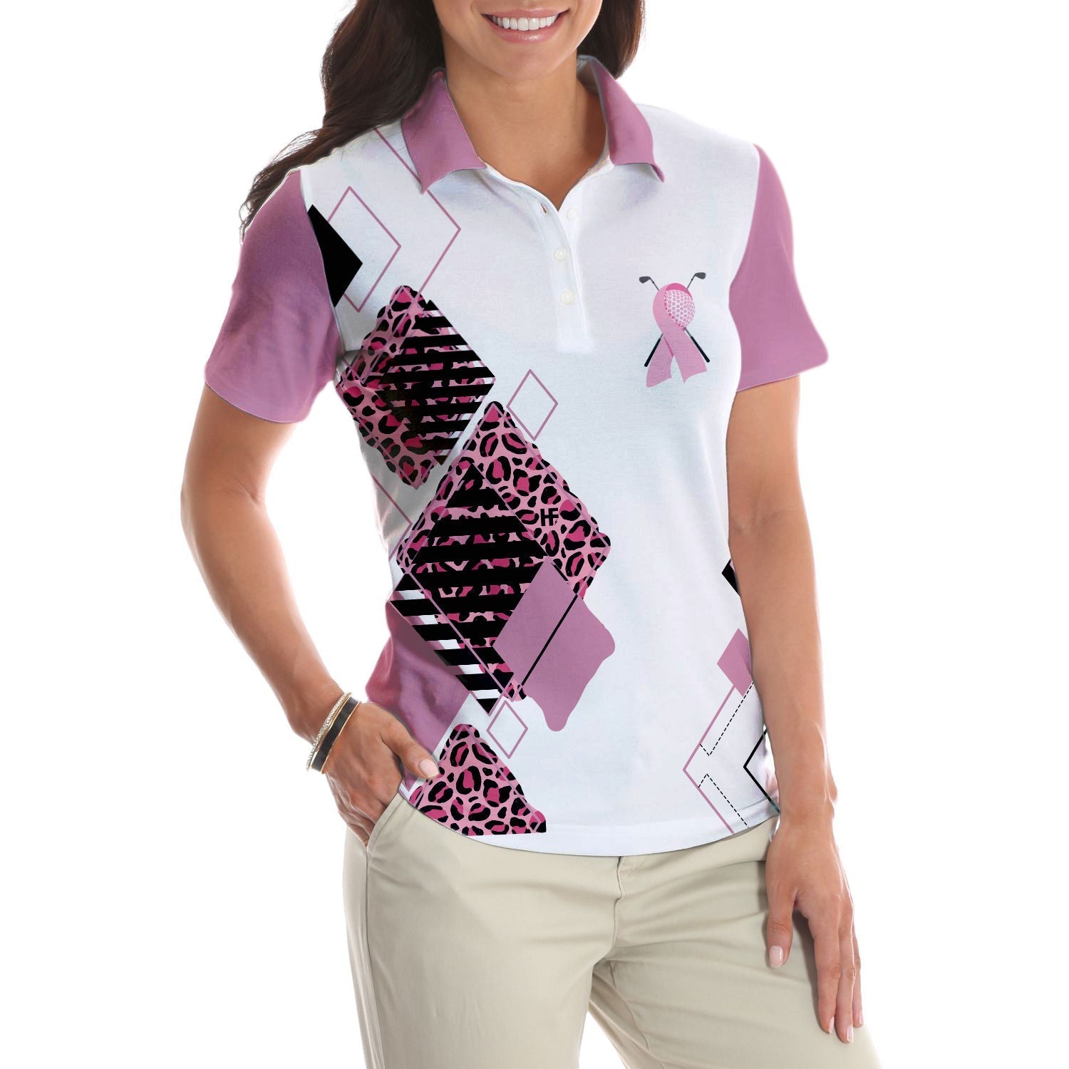 Golf Girl In October We Wear Pink Short Sleeve Women Polo Shirt, White And Pink Breast Cancer Awareness Shirt Coolspod