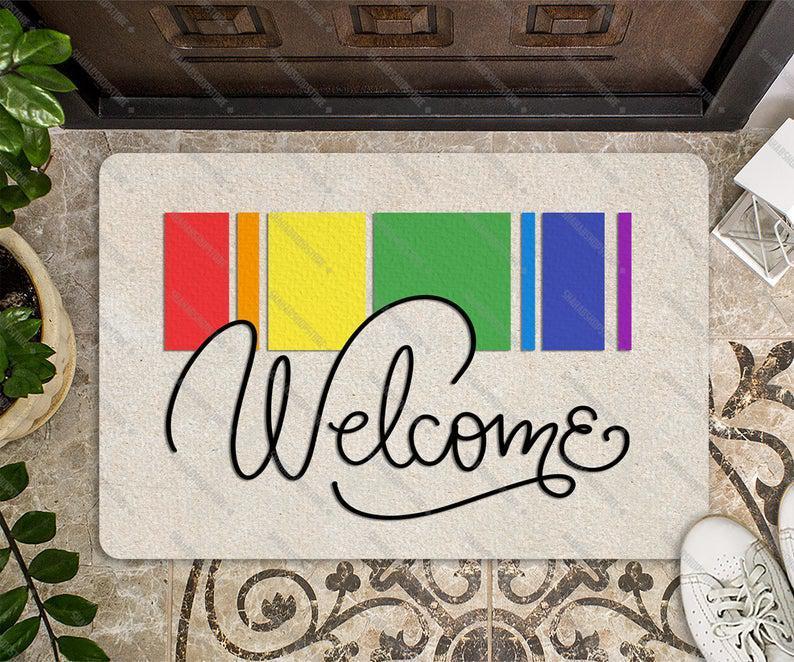 Welcome Happy Pride Month Indoor Outdoor Doormat Floor Mat Funny Gift Ideas Lgbt Rainbow Flag Door Mat Entry Rug Lesbian Gay Lgbtq Love Month Gift Housewarming Birthday Gifts