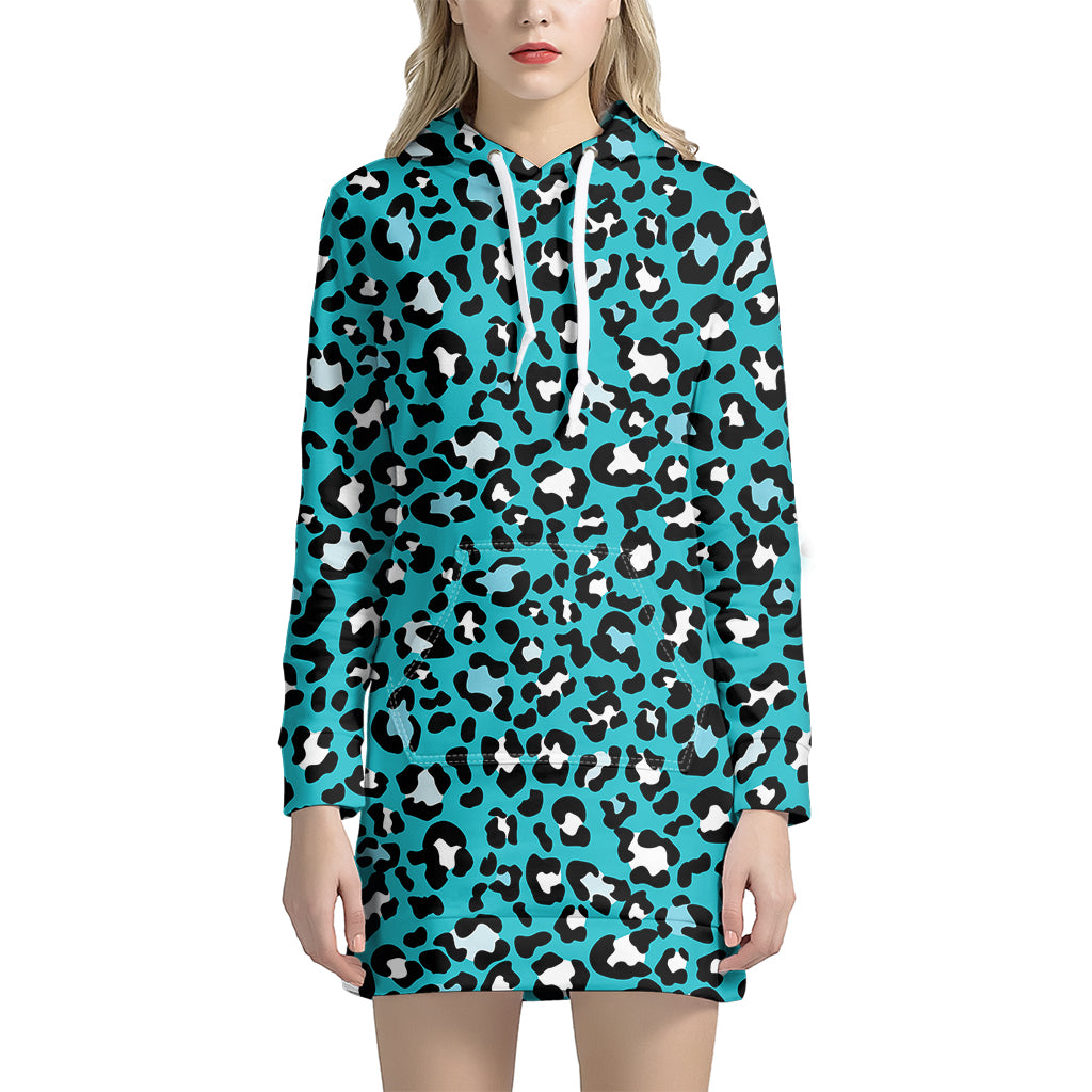 Turquoise Leopard Print Women’S Pullover Hoodie Dress