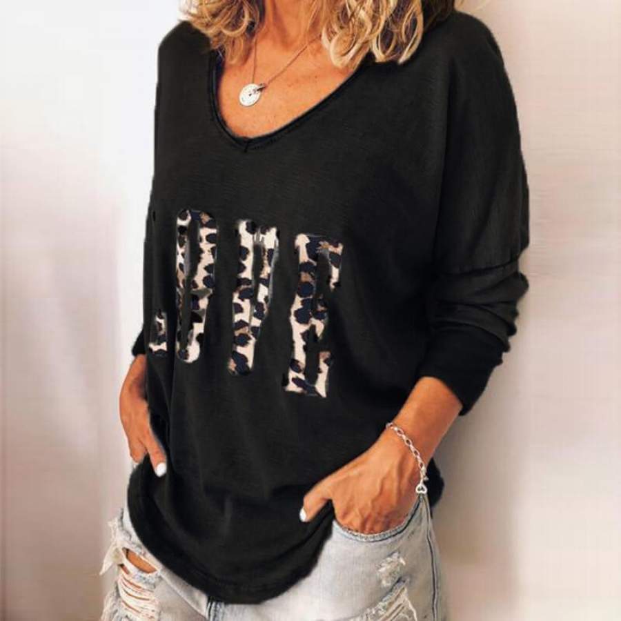 Love Leopard Printed Tshirts Women’s V-Neck Long Sleeve Tee Tops