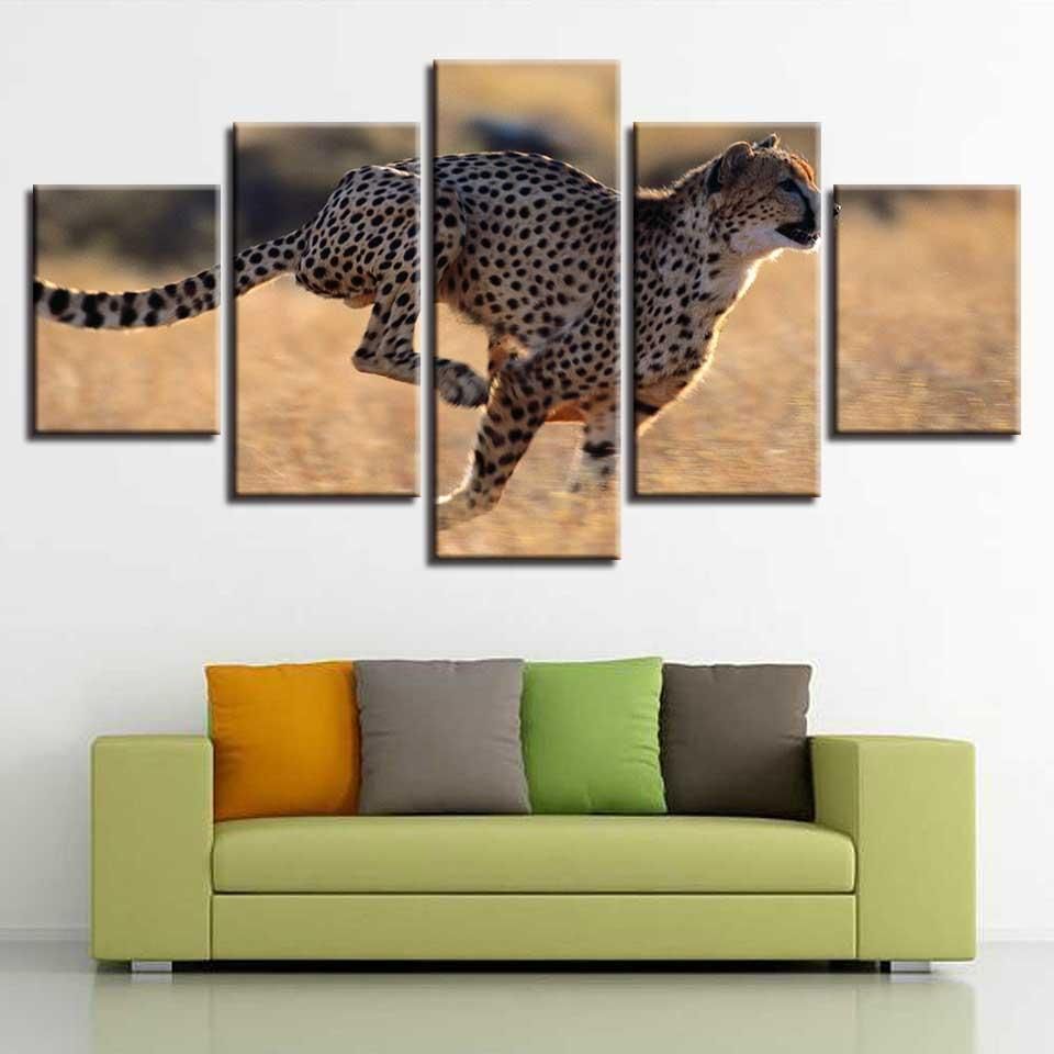 Animal Leopards Running Scenery Animal 5 Panel Canvas Art Wall Decor