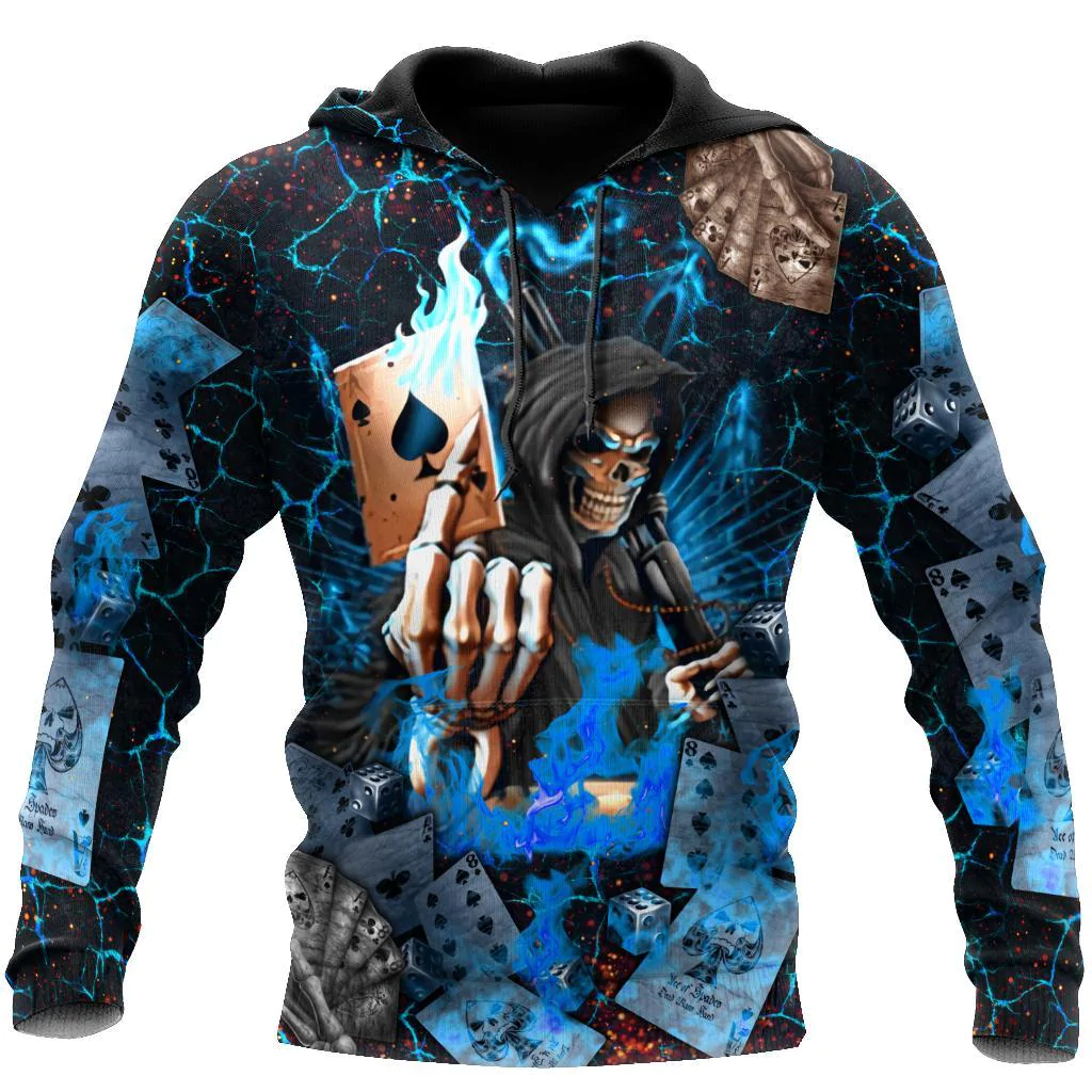 Poker Skulls On The Blue Fire Hoodie For Men And Women, Poker Skull Hoodie