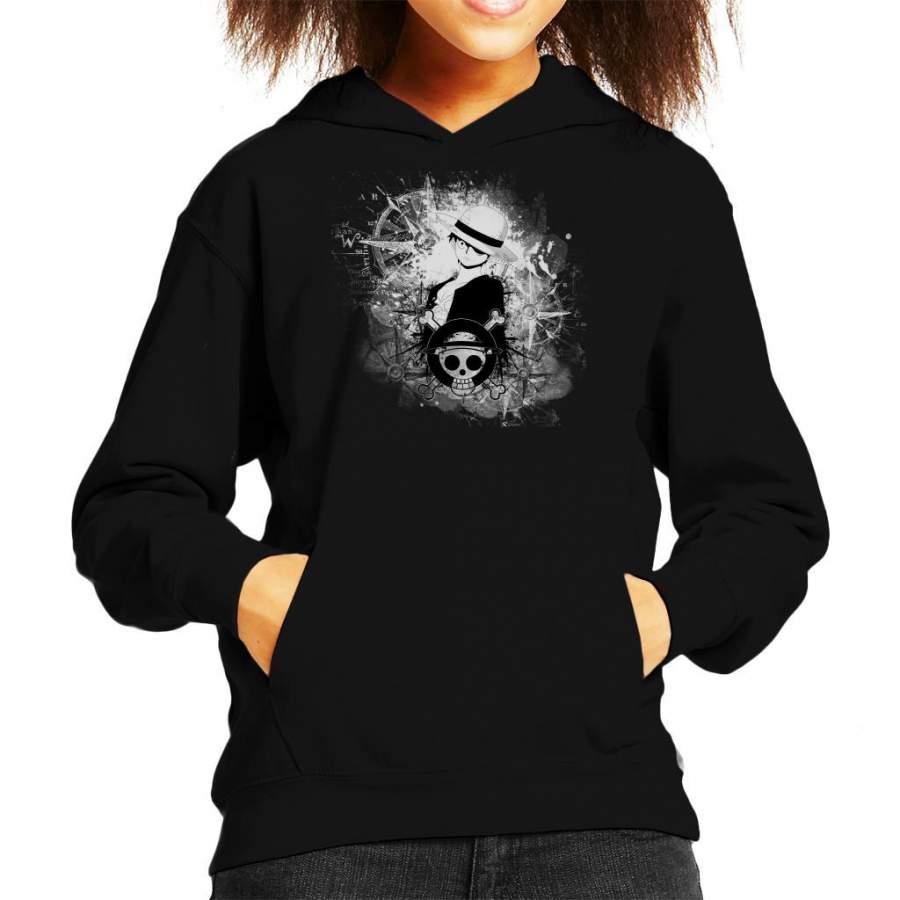 One Piece Luffy Black and White Silhouette Montage Kid’s Hooded Sweatshirt