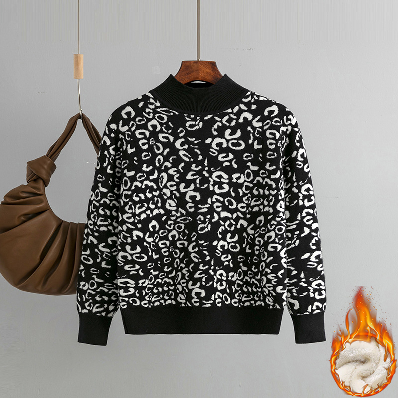 Winter Thicken Leopard Print Sweater Women’s Streetwear Warm Plush Lined Knit Tops Casual Vintage Pullover Soft Mock Neck Jumper alx